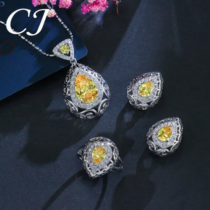 CANDICE Elegant Stamp Sterling Silver Plated Women Jewelry Set Pear Drop Red Cubic Zirconia Necklace Earring Ring 3Pcs Sets