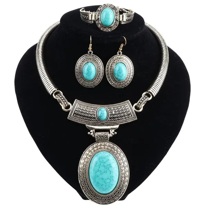Vintage Dubai Retro Gold Big Turquoise Jewelry Sets Nigerian Wedding Costume Necklace Bracelet Earring Party Gift