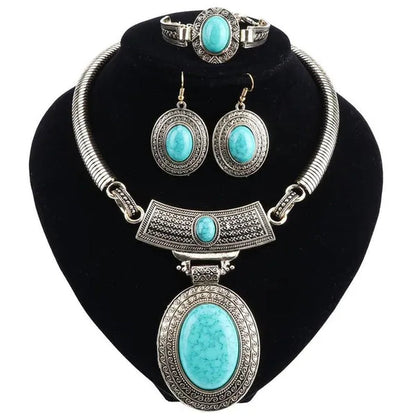 Vintage Dubai Retro Gold Big Turquoise Jewelry Sets Nigerian Wedding Costume Necklace Bracelet Earring Party Gift