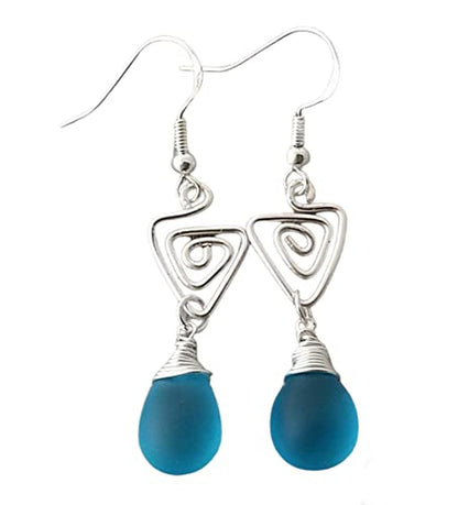 Handmade Sea Glass Earrings, Hawaiian Jewelry, Wire Turquoise Earrings Blue Earrings Teardrop Earrings, Sea Glass Jewelry for Women Birthday Gift for Her (December Birthstone Jewerly)