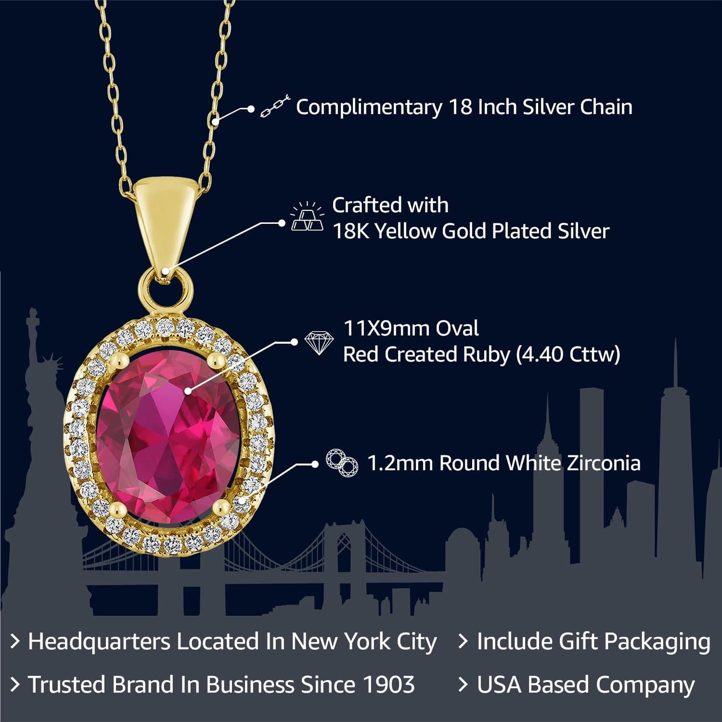 18K Yellow Gold Plated Silver Red Created Ruby Pendant Necklace for Women (4.40 Cttw, Oval 11X9MM, with 18 Inch Chain)