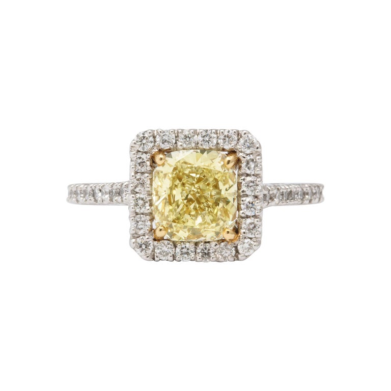 GIA Certified 1.71 Carat Yellow Diamond Cushion Cut Platinum Ring