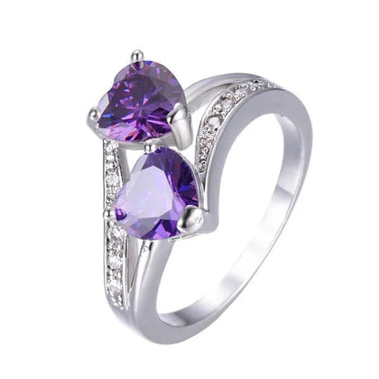 Birthstone rings...romantic double heart cut gemstone blue white opal rainbow topaz crystal ring white gold jewelry