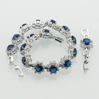 Blue White Topaz Silver Color Jewelry Sets for Women Engagement Necklace Pendant Bracelets Earrings Rings  Gift Box