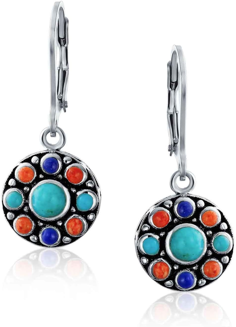 Western Jewelry Multicolor Gemstone Orange Purple Turquoise round Circle Oval Medallion Disc Dangle Earrings for Women Oxidized .925 Sterling Silver Lever Back