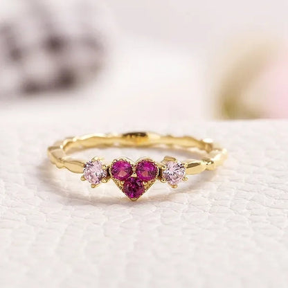 Fashion Simple 18K Yellow Gold Women Heart Ring Elegant Pink Sapphire Wedding Engagement Party Rings Women Jewelry