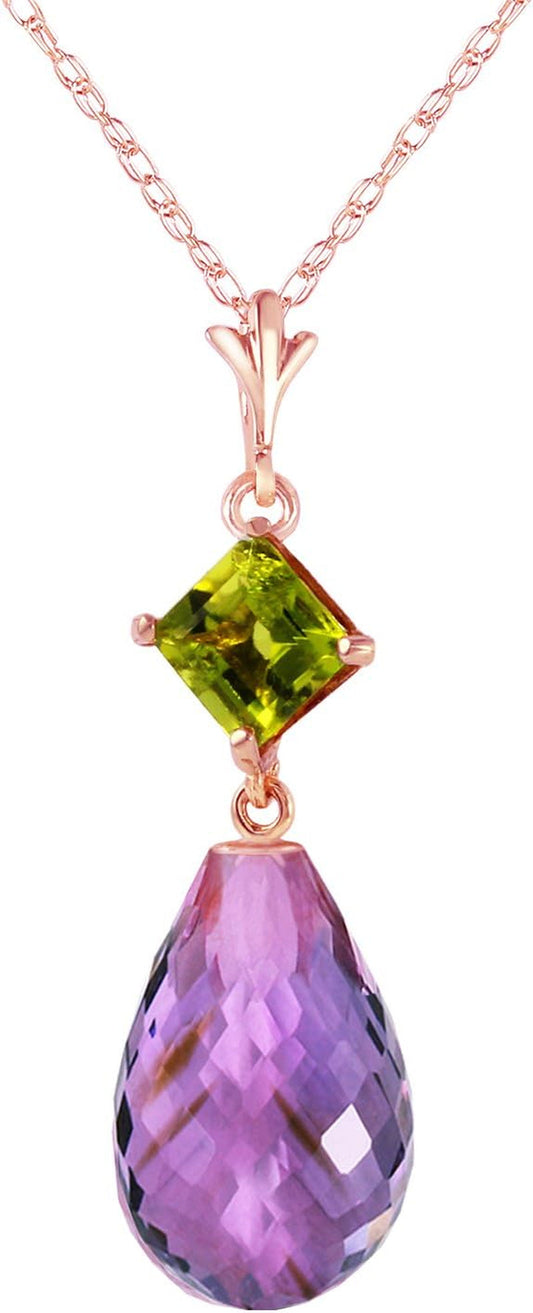 5.5 Carat 14K Solid Rose Gold Necklace with Natural Peridot and Natural Amethyst Pendant