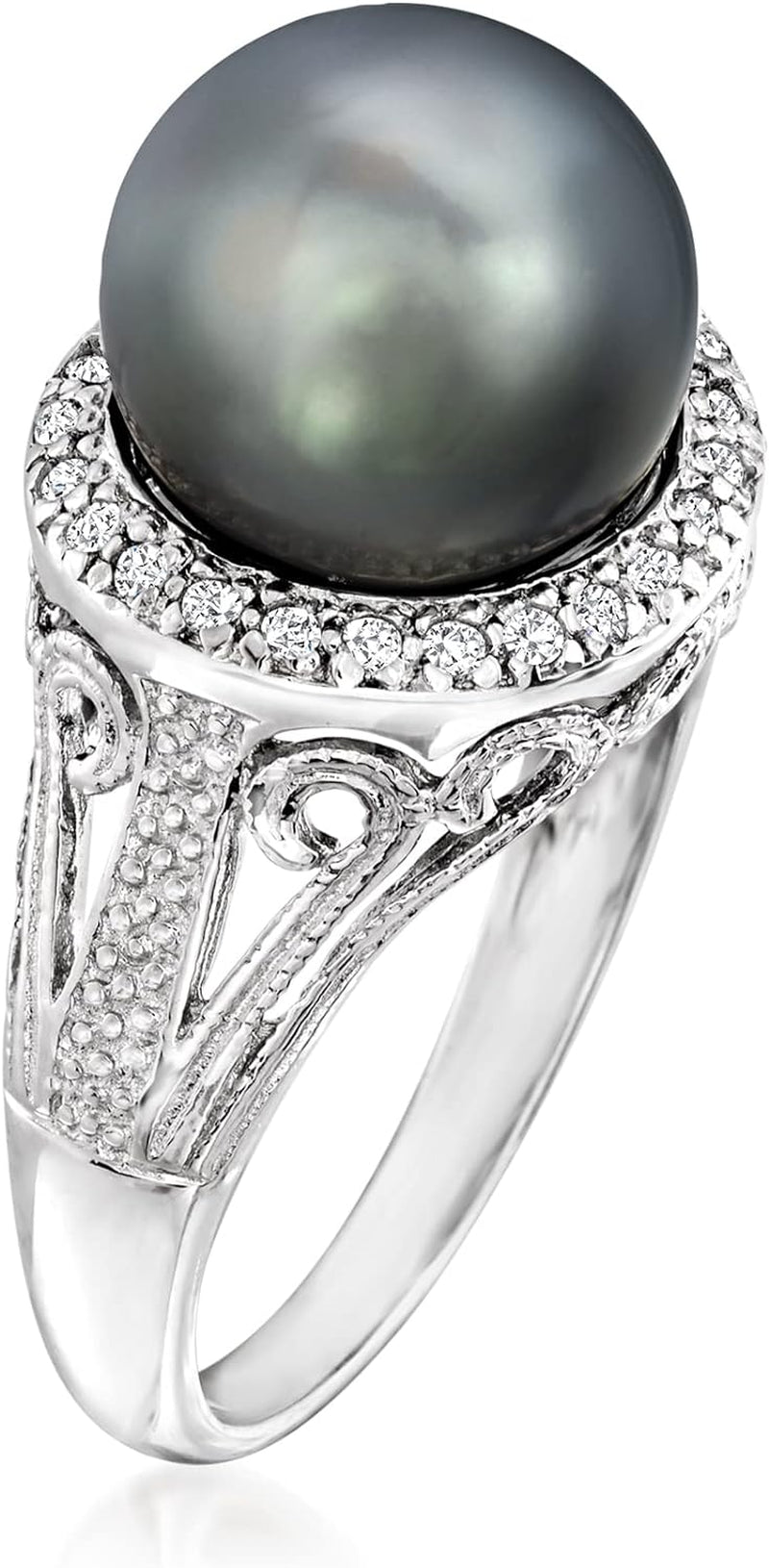 11-12Mm Black Cultured Tahitian Pearl Ring with .20 Ct. T.W. White Topaz in Sterling Silver
