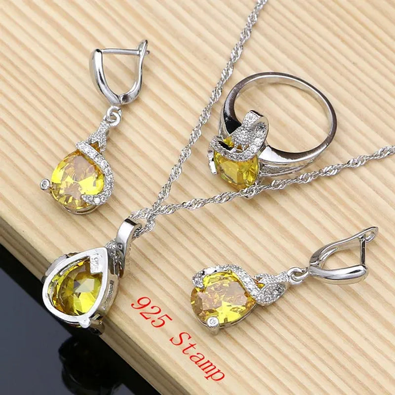 Drop 925 Sterling Silver Jewelry Sets Yellow Topaz for Bride Women Earring Rings Bracelet Fashion Decoration Wedding Jewelry