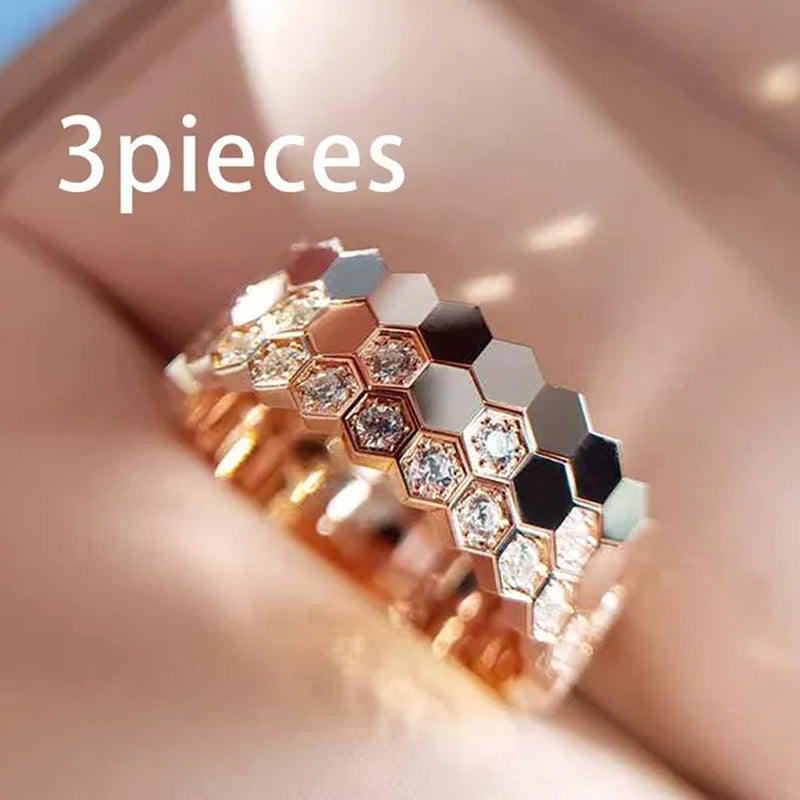 Women's fashion silver-plated honeycomb hexagon diamond ring rose gold -plated jewelry bridal engagement party ring wedding jewelry gift (size 5-11)