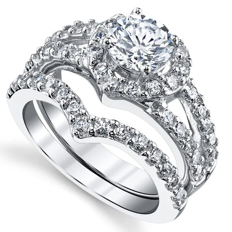 Women's Round Brilliant Cut Heart Shaped Sterling Silver 2-Pc Bridal Set Engagement Wedding Ring Bands Cubic Zirconia