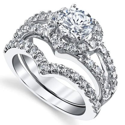 Women's Round Brilliant Cut Heart Shaped Sterling Silver 2-Pc Bridal Set Engagement Wedding Ring Bands Cubic Zirconia