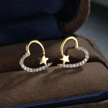 14K  Gold Love Heart Star White Zircon Stud Earrings for Women Wedding Engagement Bride Jewelry Gift