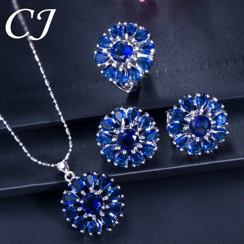 CANDICE BLUE Zirconia Stone Flower Stud Earrings Necklace Ring Fashion Sterling Silver Plated Jewelry for Christmas Party