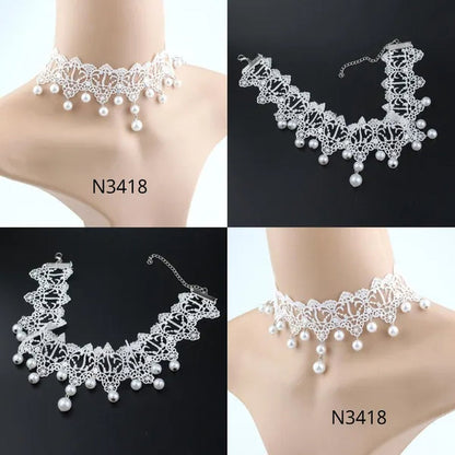 White Lace Necklace Chokers Black Collares Vintage Style Female Gothic Wedding Red Rose Crystal Diamond Pendant Collarbone Necklaces Chain Accessories for Women Girls