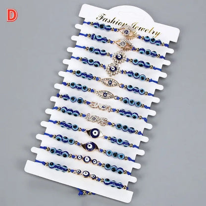 12 Pcs/Set Bohemian Handmade Braided Rope Charm Bracelets Rhinestone Blue round Beads Evil Eye Bracelet for Women Men Friendship Jewelry Gifts