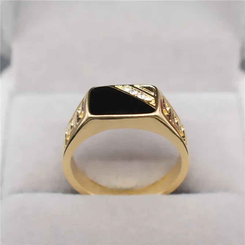 Fashion Male Jewelry Classic Gold Color White Sapphire Diamond CZ Wedding Ring Black Enamel Agate Rings for Men Christmas Party Gift Size 7 8 9 10 11 12