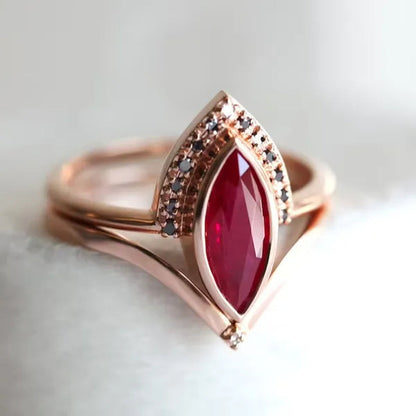Unique Natural Rhombus 2 in 1 Ruby Engagement Ring Marquise Bridal Wedding Ring with Black Diamonds Women Ruby Ring Diamond Fine Jewelry Set （Size 5-11）