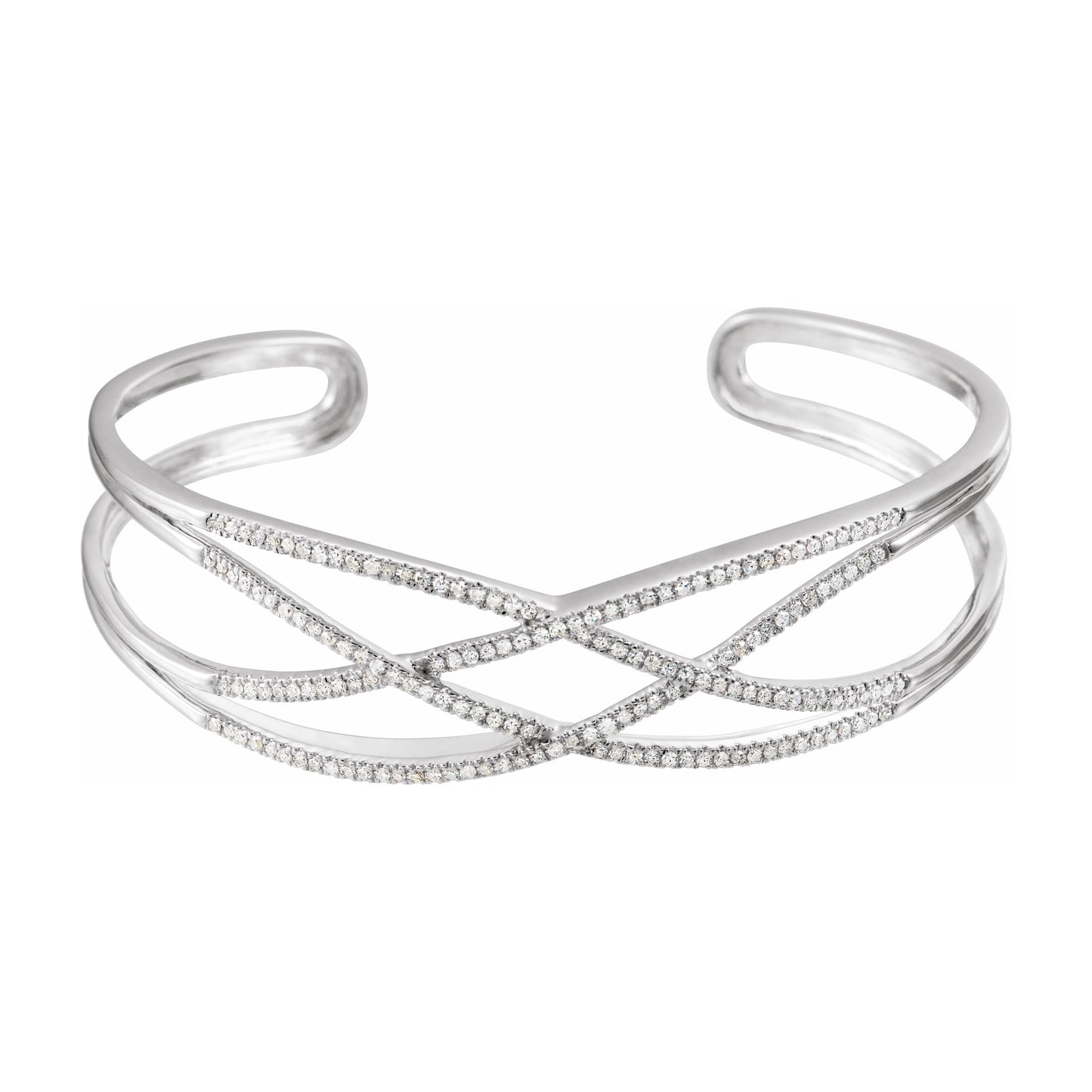 14K White Gold 3/4 Ct Diamond Criss-Cross Cuff 7" Bracelet