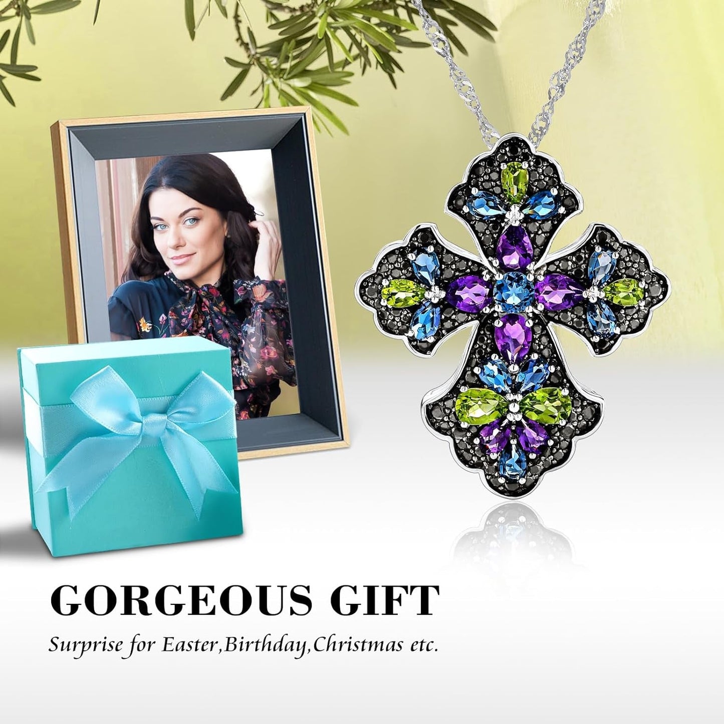 Cross Pendant Necklace for Women 925 Sterling Silver Natural Gemstone London Blue Topaz Peridot Amethyst Cross Jewelry