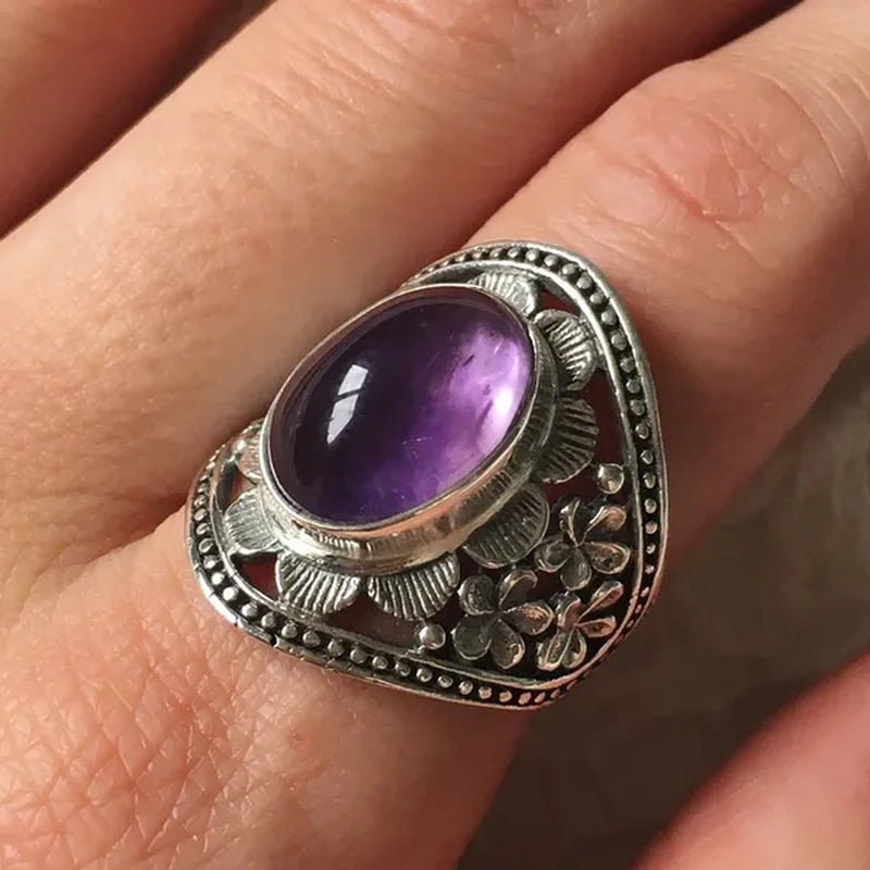 Exquisite Woman Fashion Vintage Wide Edge Engraved Flower Ring  Amethyst  Ring Engagement Party Bride Wedding High Jewelry Christmas Valentine's Day Gift Ring Size US4-12
