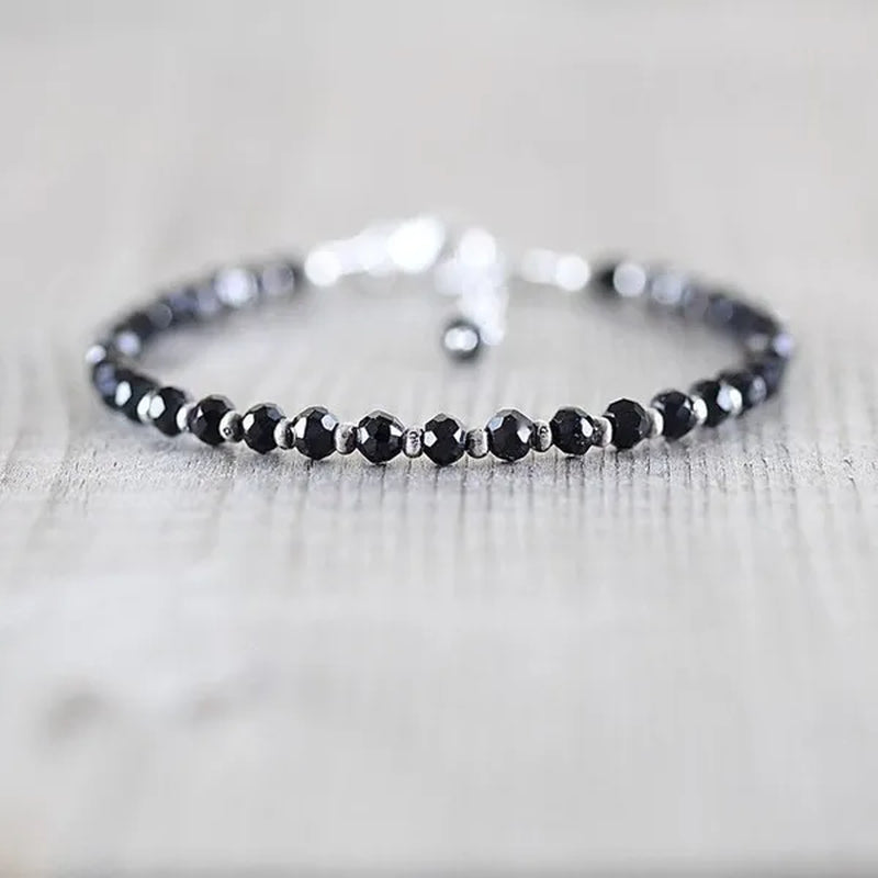 Black Spinel, Sterling & Karen Hill Tribe Silver Bracelet Boho Beaded Gemstone Bracelet Dainty Stacking Bracelet