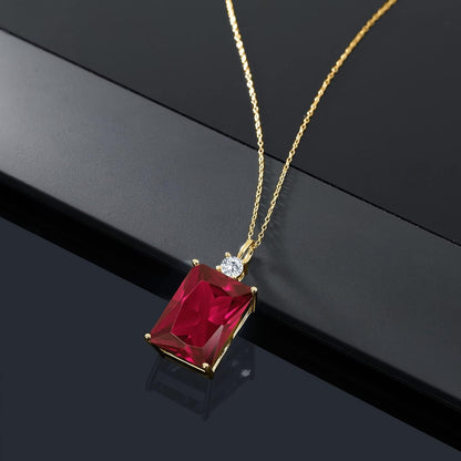 18K Yellow Gold Plated Silver Red Created Ruby and White Lab Grown Diamond Pendant Necklace for Women (20.27 Cttw, Emerald Cut 18X13MM, with 18 Inch Silver Chain)