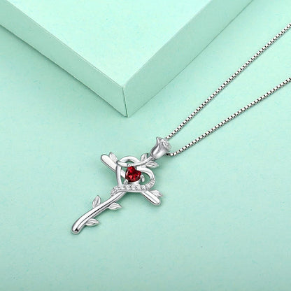 Rose Cross Necklace 925 Sterling Silver Heart Crucifix Pendant Birthstones Jewelry for Women