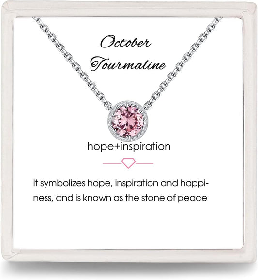 Sterling Silver Dainty Birthstone Pendant Necklace S925 White Gold Tiny Solitaire CZ Pendant Birthday Gift for Women