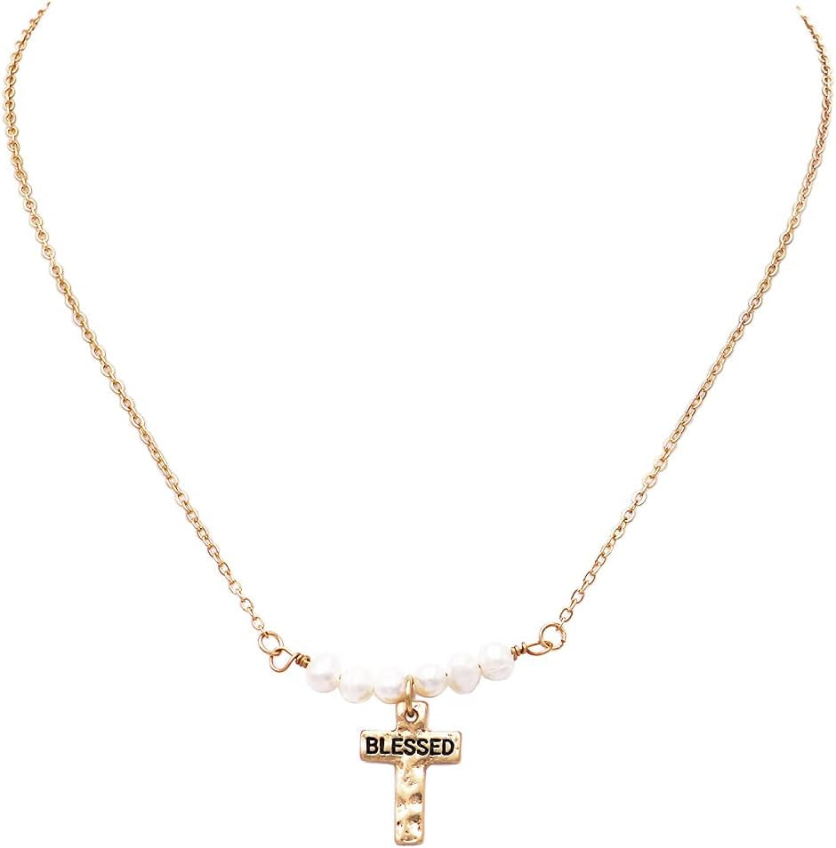 Women'S Stunning Inspirational Religious Blessed Cross Pendant with Freshwater Pearls Necklace, 15"+ 3" Extender