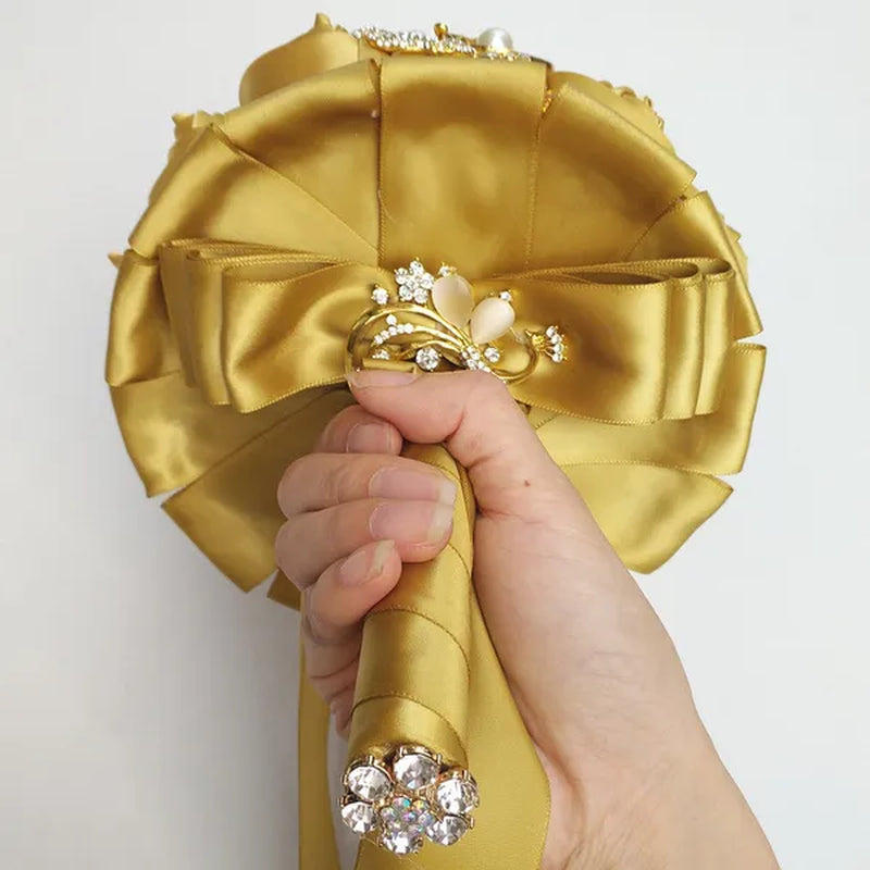 Private Custom 18CM Wedding Bouquet Luxury Gold Crystal Brooch Bride Bouquet Pure Handmade Silk Rose Ribbon Wedding Bride Holding Flowers Multi-Color Optional