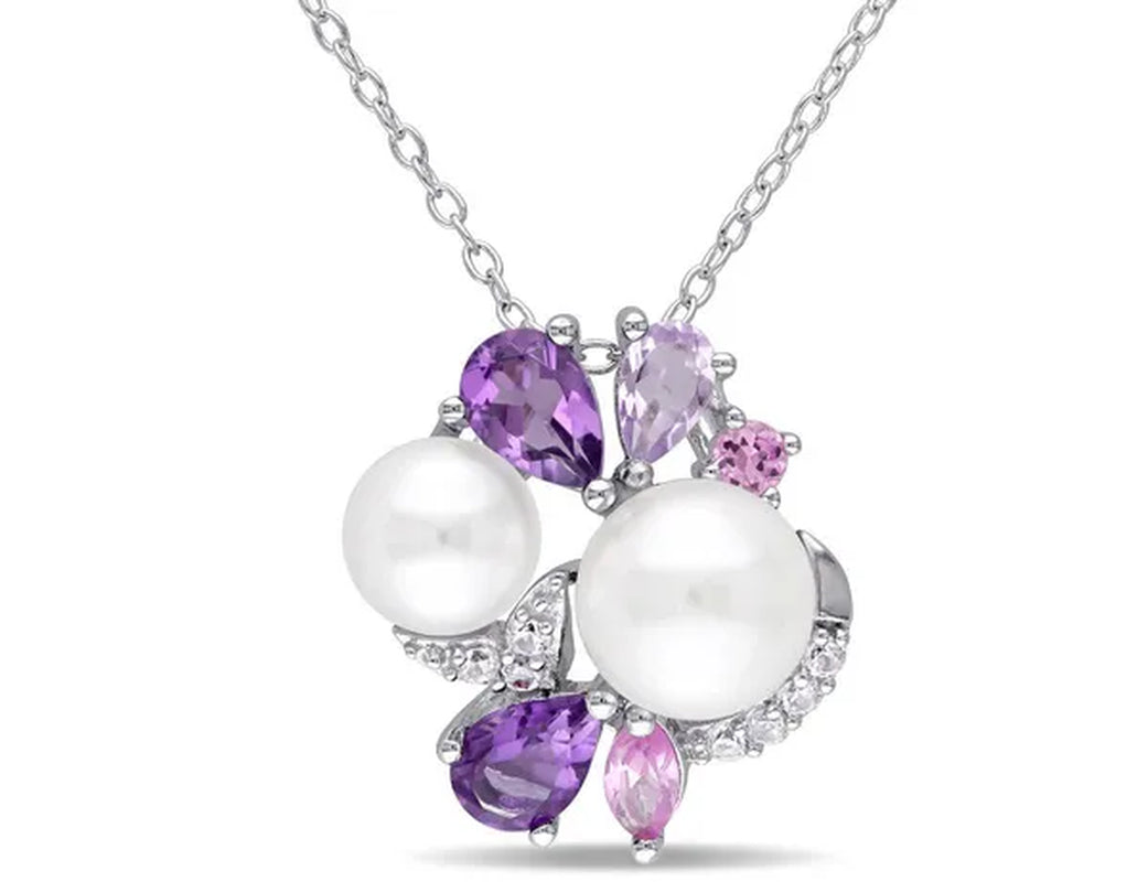 White Freshwater Cultured Pearl, Amethyst, Created Pink, White Sapphire Cluster Pendant Necklace Sterling Silver