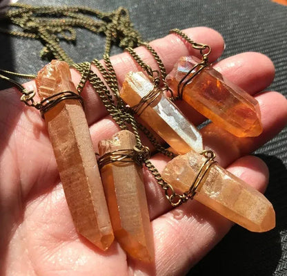 Raw Tangerine Titanium Citrine Crystal Necklace - Handmade Healing Burnt Orange Boho Jewelry