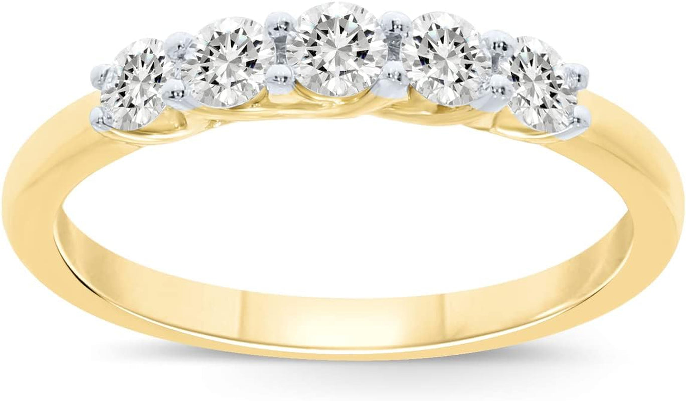 Lab Grown Five Stone Diamond Rings for Women | 10K Solid Yellow and White Gold Certified 1/4-1 CT. TW. Diamond Anniversary Bands and Diamond Wedding Rings for Women