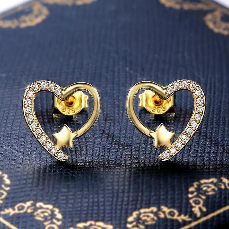 NEW Gold  Love Heart Star White Sapphire Diamond Stud Earrings for Women Wedding Engagement Bride Jewelry Gift