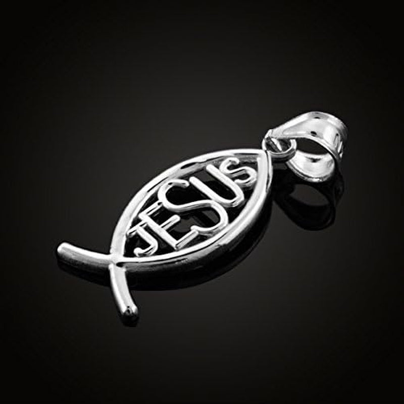 925 Sterling Silver Vertical Jesus Ichthus Charm Christian Fish Pendant
