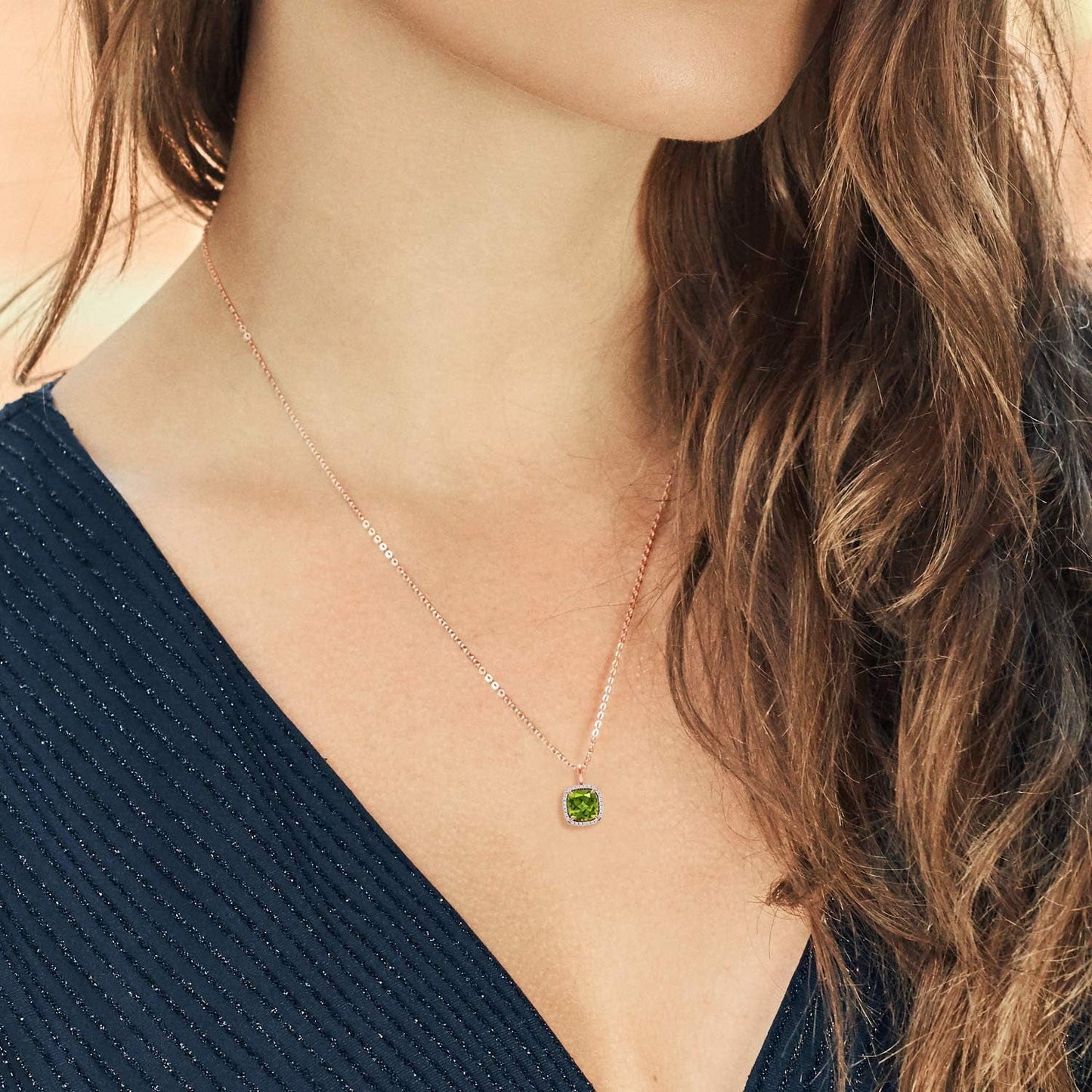 10K Rose Gold Gemstone Birthstone and White Diamond Halo Pendant Necklace | Cushion Cut 7MM | Rose Gold Necklace for Women | with 18 Inch Chain