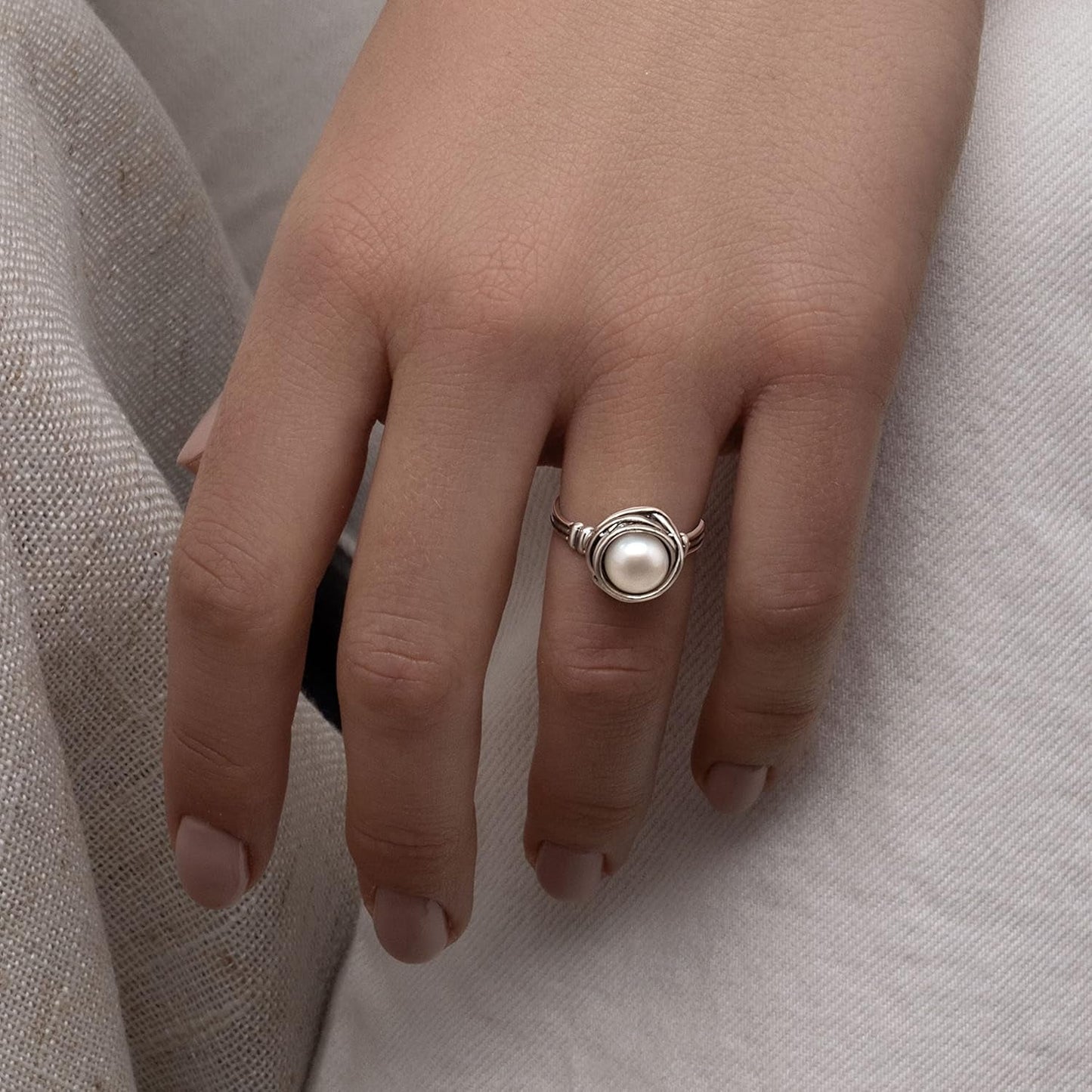 925 Sterling Silver Ring with Fresh Water Pearl Wire Wrap Vintage Design - Hypoallergenic, Nickel & Lead-Free - Artisan Handcrafted Statement Rings for Women
