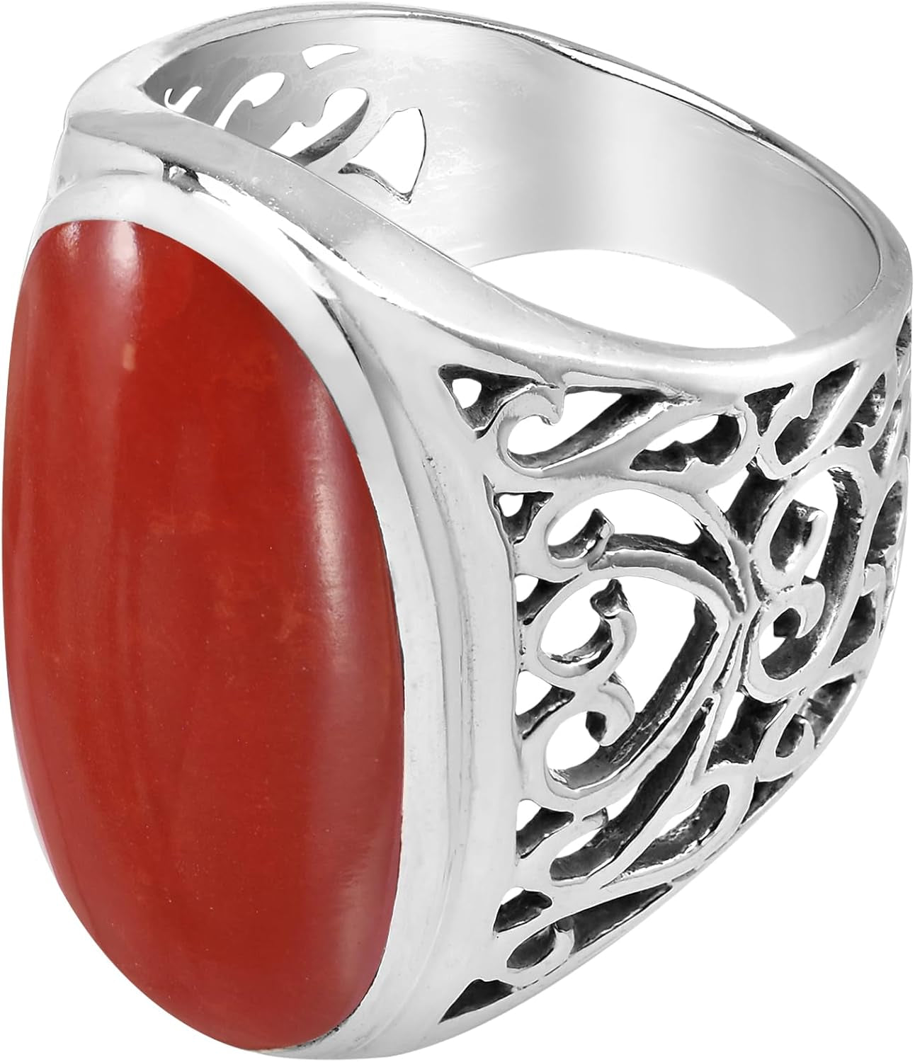 Bold Lrg Oval Reconstructed Red Coral Intricate Heart Filigree .925 Sterling Silver Ring