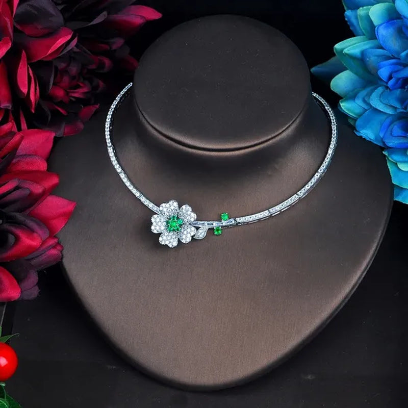 CANDICE Romantic 3D Flower Design Full Micro Pave Tiny CZ and Yellow 18K White Gold Plated Choker Necklace Earrings Set for Women Stylish Prom Party Jewelry