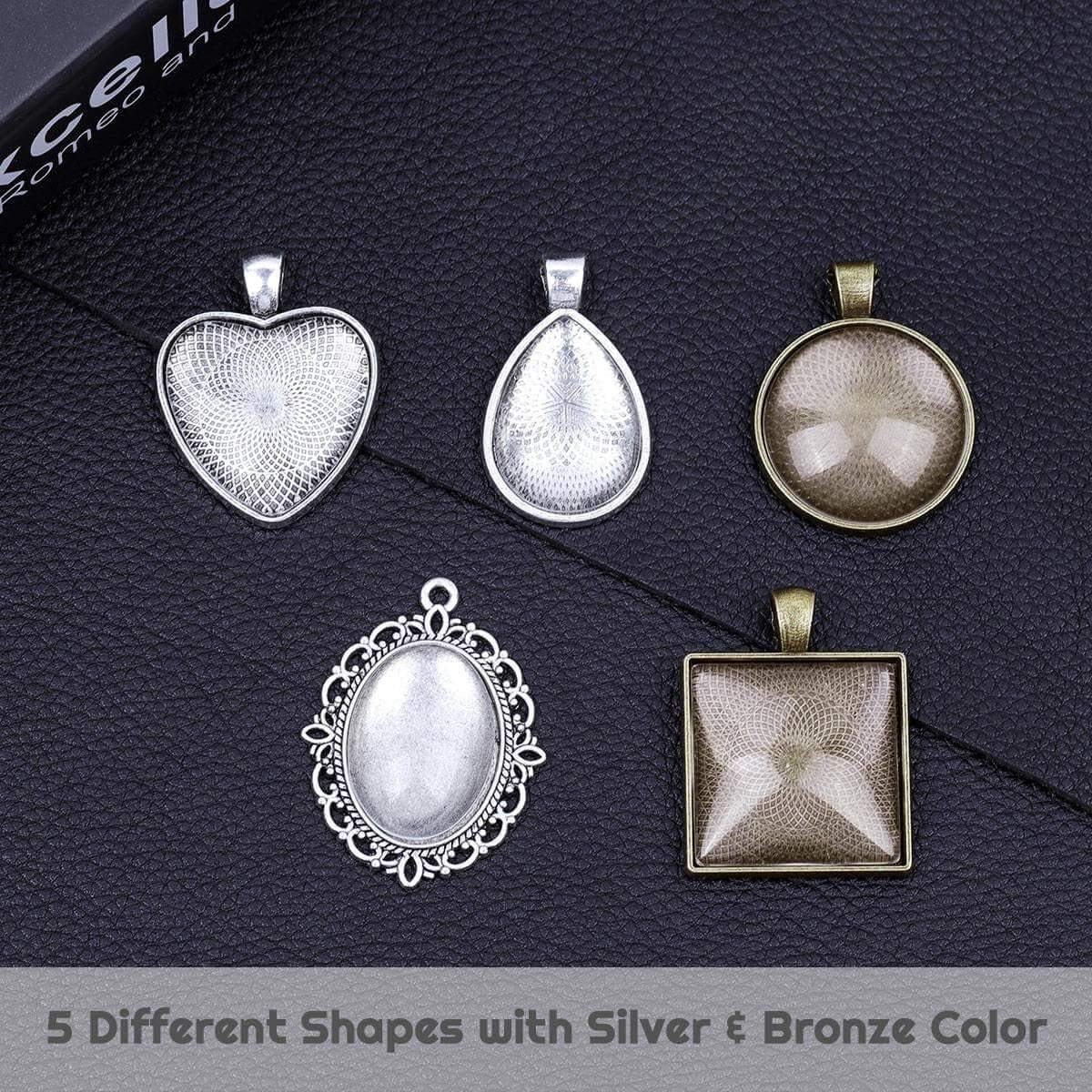 60Pcs Pendant Trays, Bezel Pendant Trays Blanks with Glass Cabochons for Pendants Making and Jewelry Making, 5 Styles
