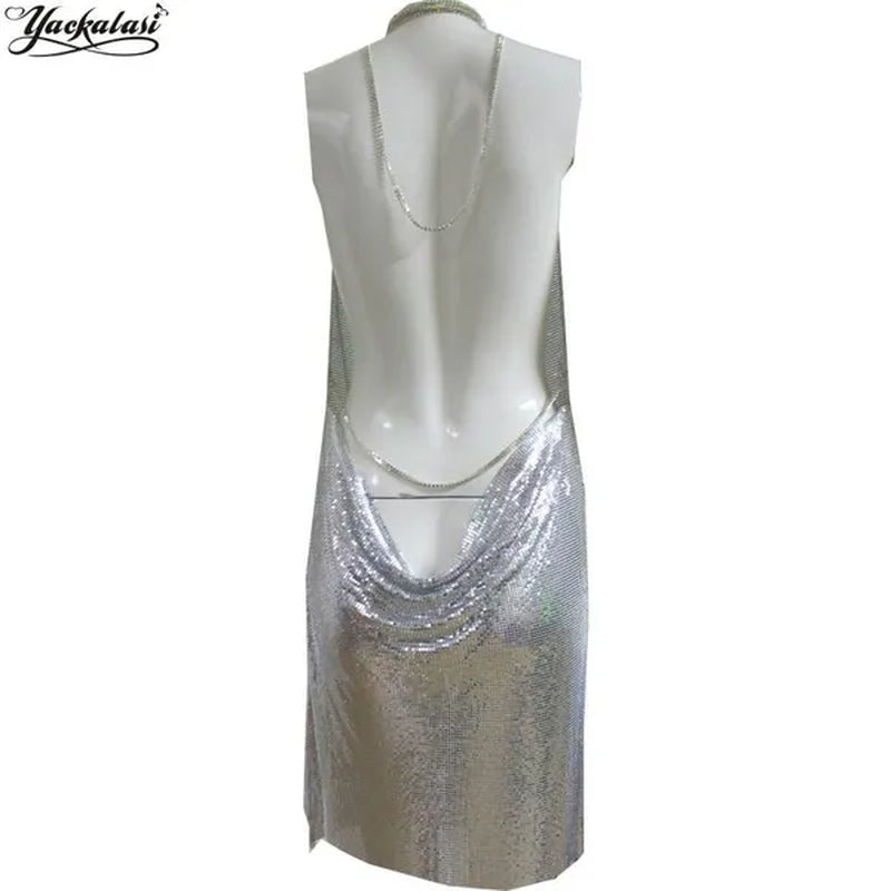 Club Women Party Dress Kendall Jenner Metal Mesh Spaghetti Strap Sheath Draped Hollow Out Spark Diamonds Neck Halter