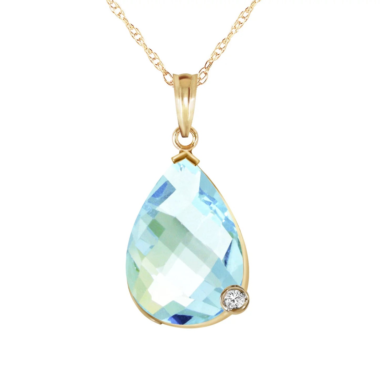 6.54 Carat 14K 16" Solid Gold Necklace with Natural Briolette Checkerboard Cut Blue Topaz and Diamond Pendant