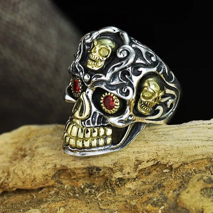 Vintage Fashion Punk Personality Two-Tone Stainless Steel Skull Ring Retro Ruby Inlay Men'S Punk Jewelry Size 7-14