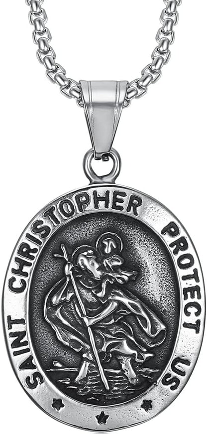 Retro Vintage Stainless Steel Saint Christopher Protect Us Holy Cross Religious Pendant Necklace