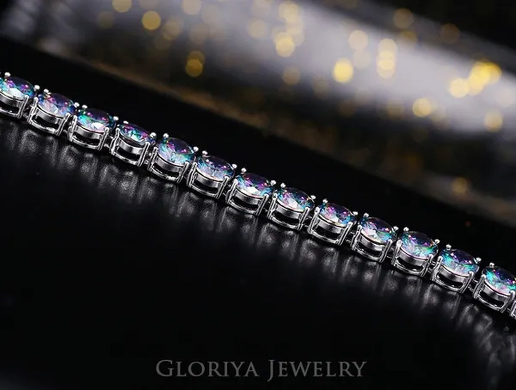 Gloriya Perfect 0.5 Carat Round Cut Mystic Rainbow Crystal Silver Plated Fashion Ladies Tennis Bracelet For Women Jewelry