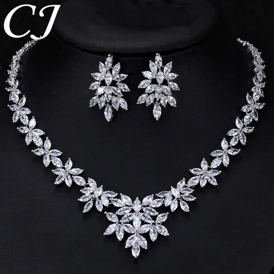 CANDICE High Quality White Gold Plated Wedding Jewelry Set Pave Luxury CZ Stone African Nigerian Big Flower Dangle Earrings Necklace for Bride