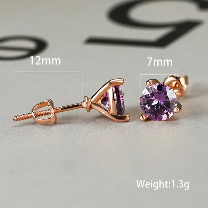 Chic 18K Gold Three-Prong Martini round Amethyst Stud Earrings Bride Wedding Engagement Jewelry Gifts 6Mm/7Mm/8Mm