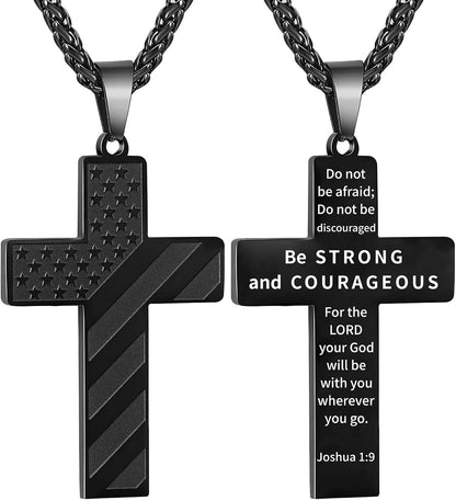 Valentines Day Gifts for Him -18+2 Inch Cross Necklace Bible Verse Stainless Steel American Flag Pendant Chain for Men Boys Cross Jewelry Gift