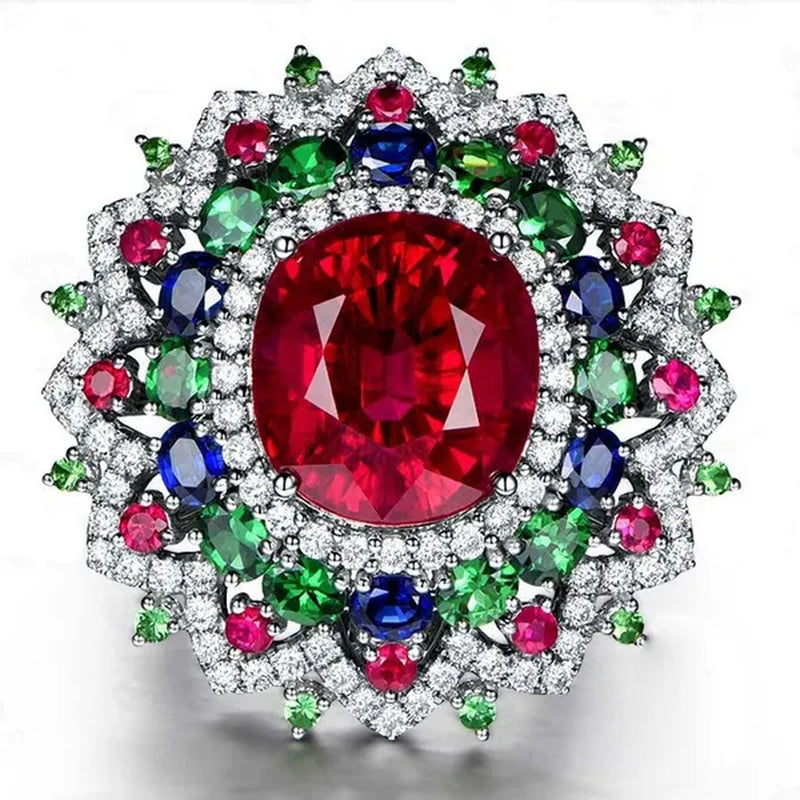 Luxurious  Silver Natural Gemstones Ruby And Emerald and Sapphire White Sapphire Wedding Birthstone Bride Engagement Flower Ring Jewelry Size 6 7 8 9 10